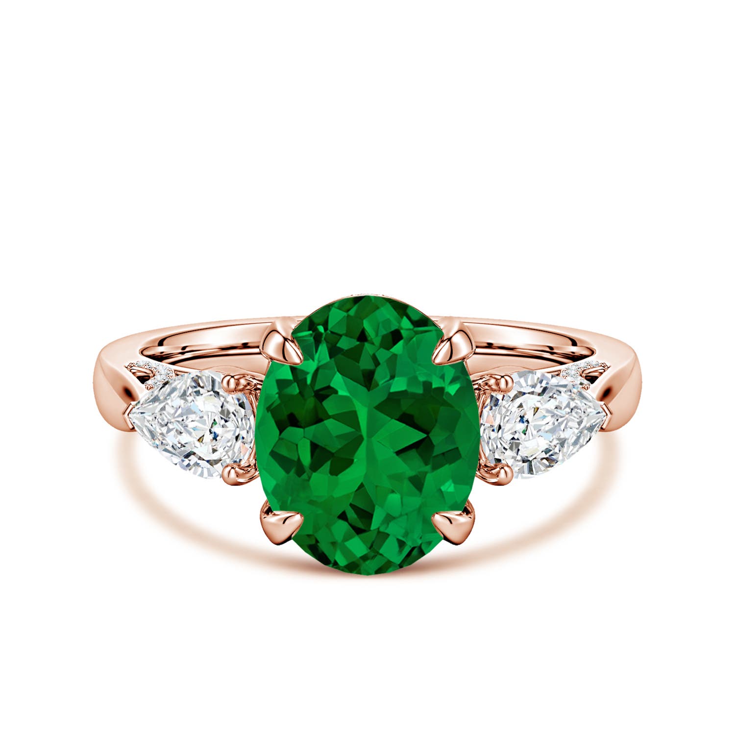 10x8mm Labgrown Lab-Grown Oval Emerald and Sideways Pear Diamond Three-Stone Engagement Ring in Rose Gold - main