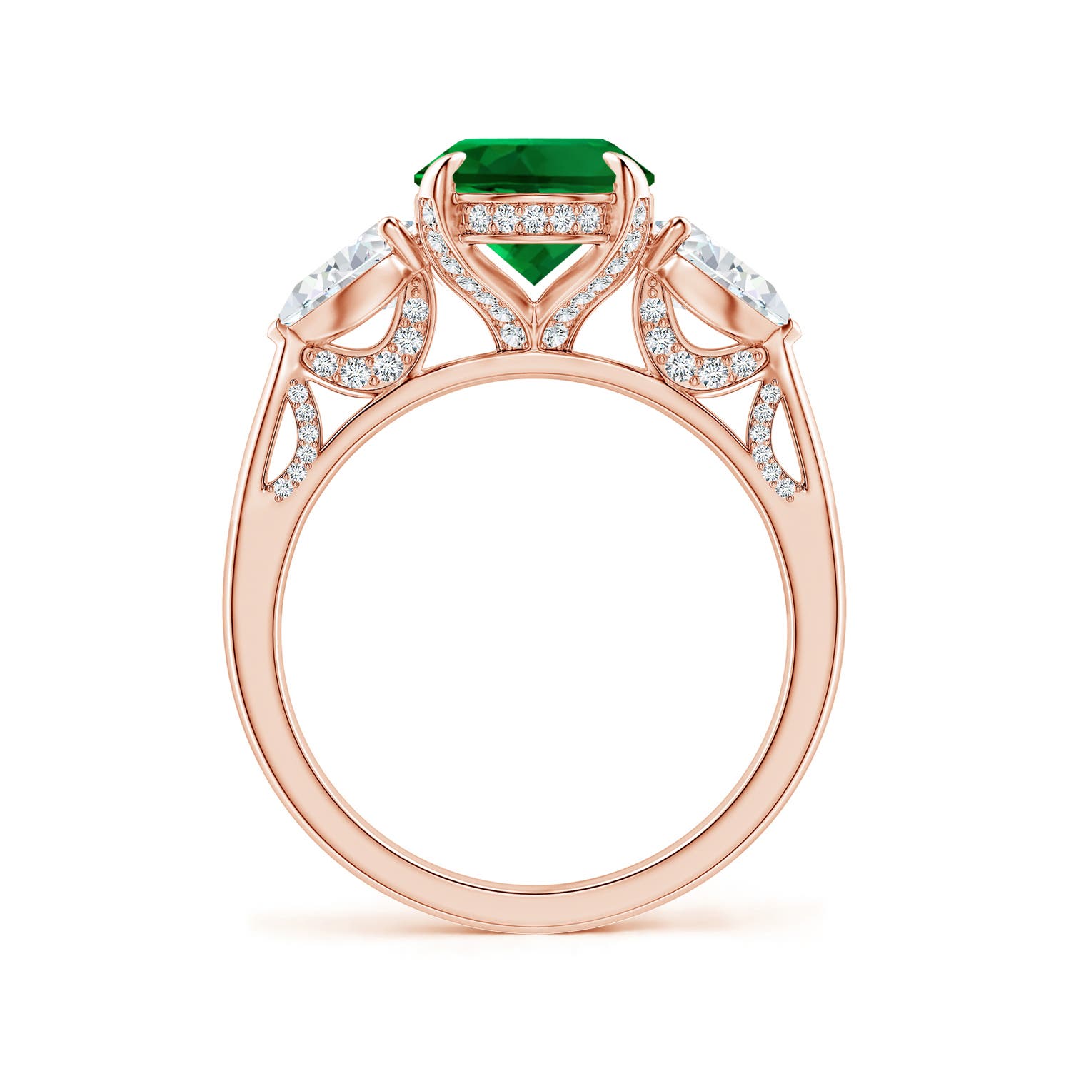 10x8mm Labgrown Lab-Grown Oval Emerald and Sideways Pear Diamond Three-Stone Engagement Ring in Rose Gold - side 1