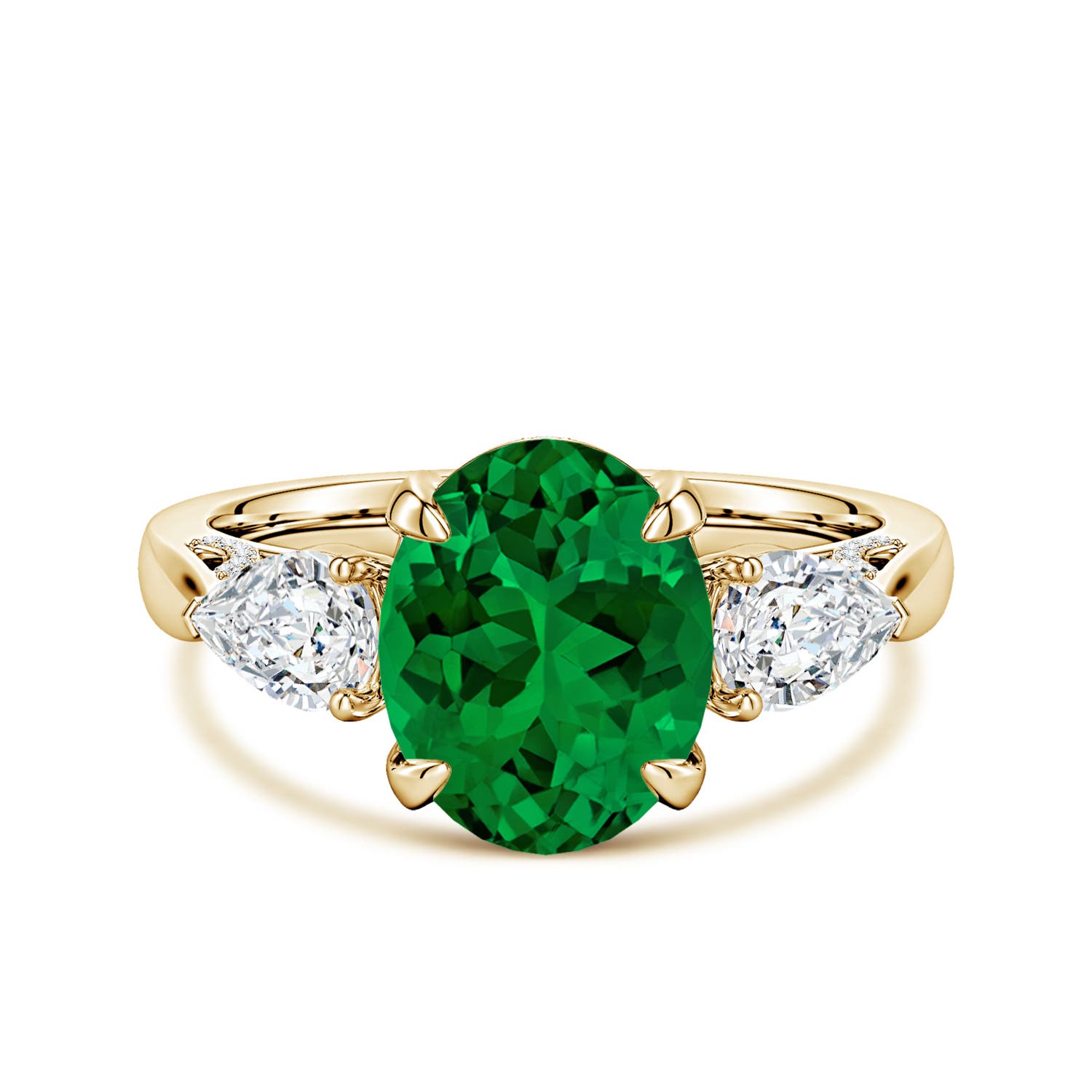 10x8mm Labgrown Lab-Grown Oval Emerald and Sideways Pear Diamond Three-Stone Engagement Ring in Yellow Gold - main