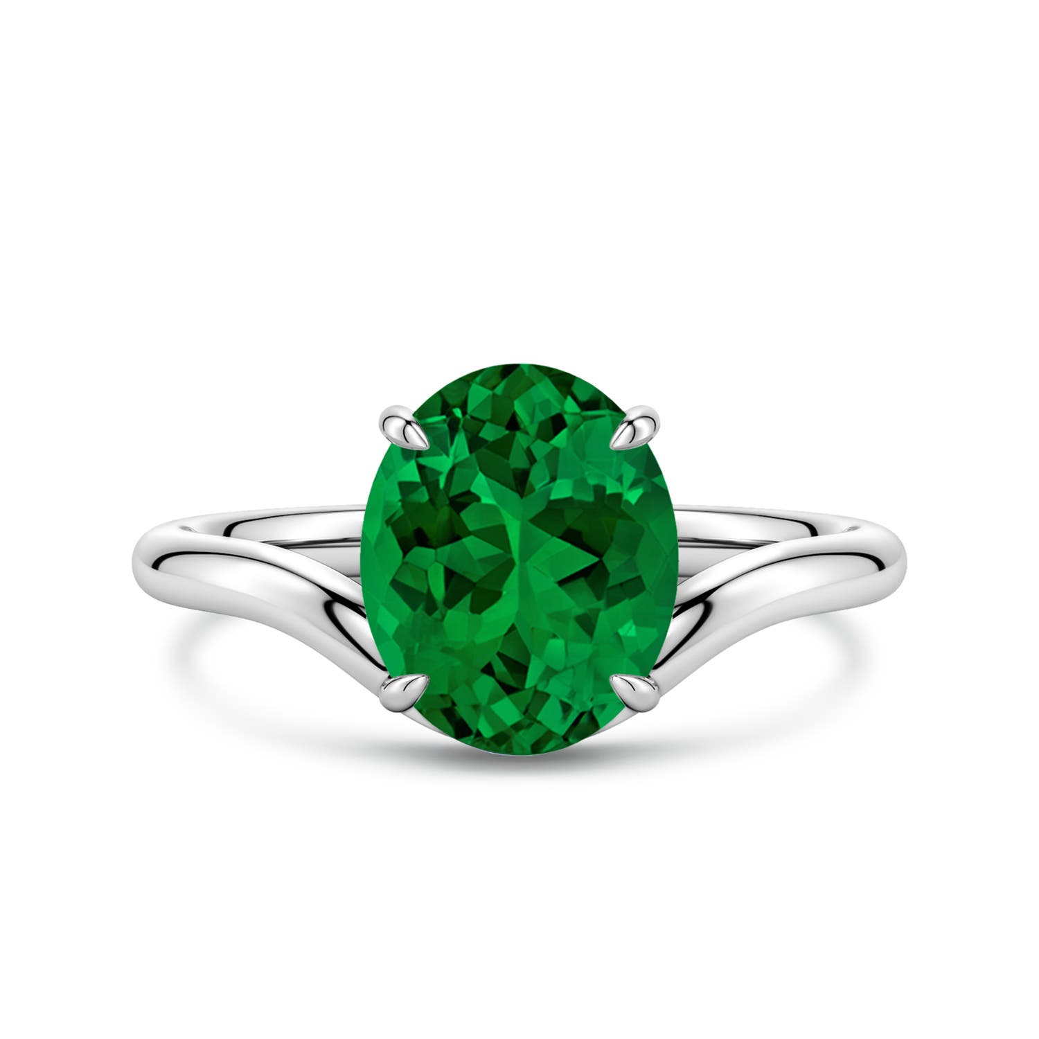 10x8mm Labgrown Solitaire Oval Lab-Grown Emerald Curved Shank Engagement Ring in 18K White Gold - main