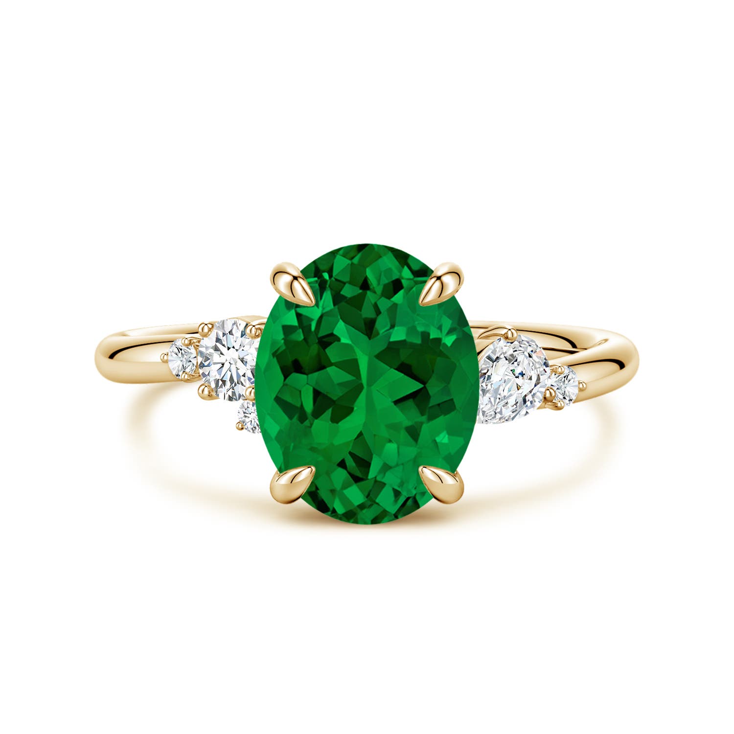 10x8mm Labgrown Lab-Grown Claw Prong Oval Emerald Engagement Ring with Multi-Shape Diamonds in Yellow Gold - main