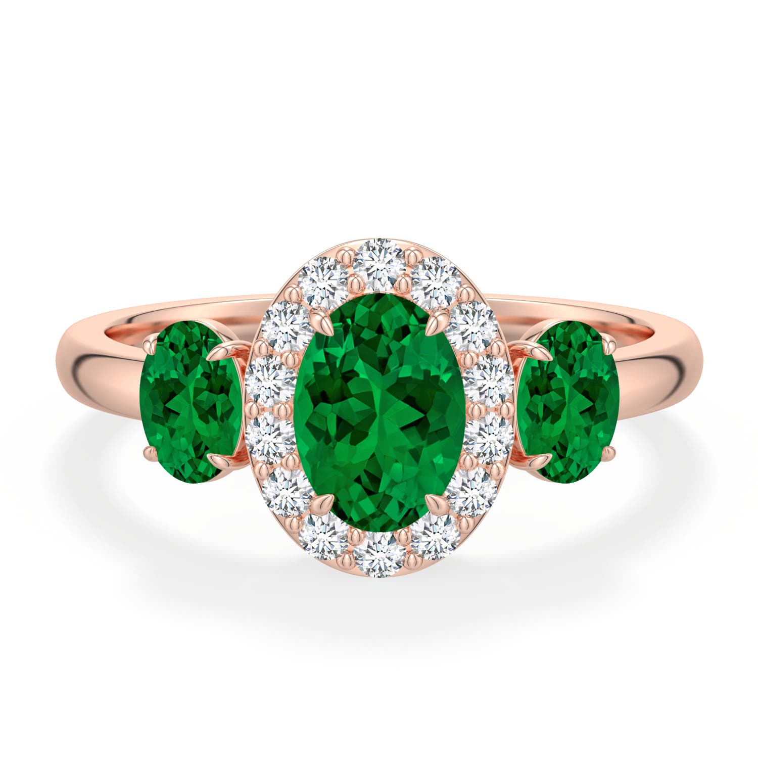 7x5mm Labgrown Claw Prong Oval Lab-Grown Emerald Halo Three-Stone Ring in Rose Gold - main