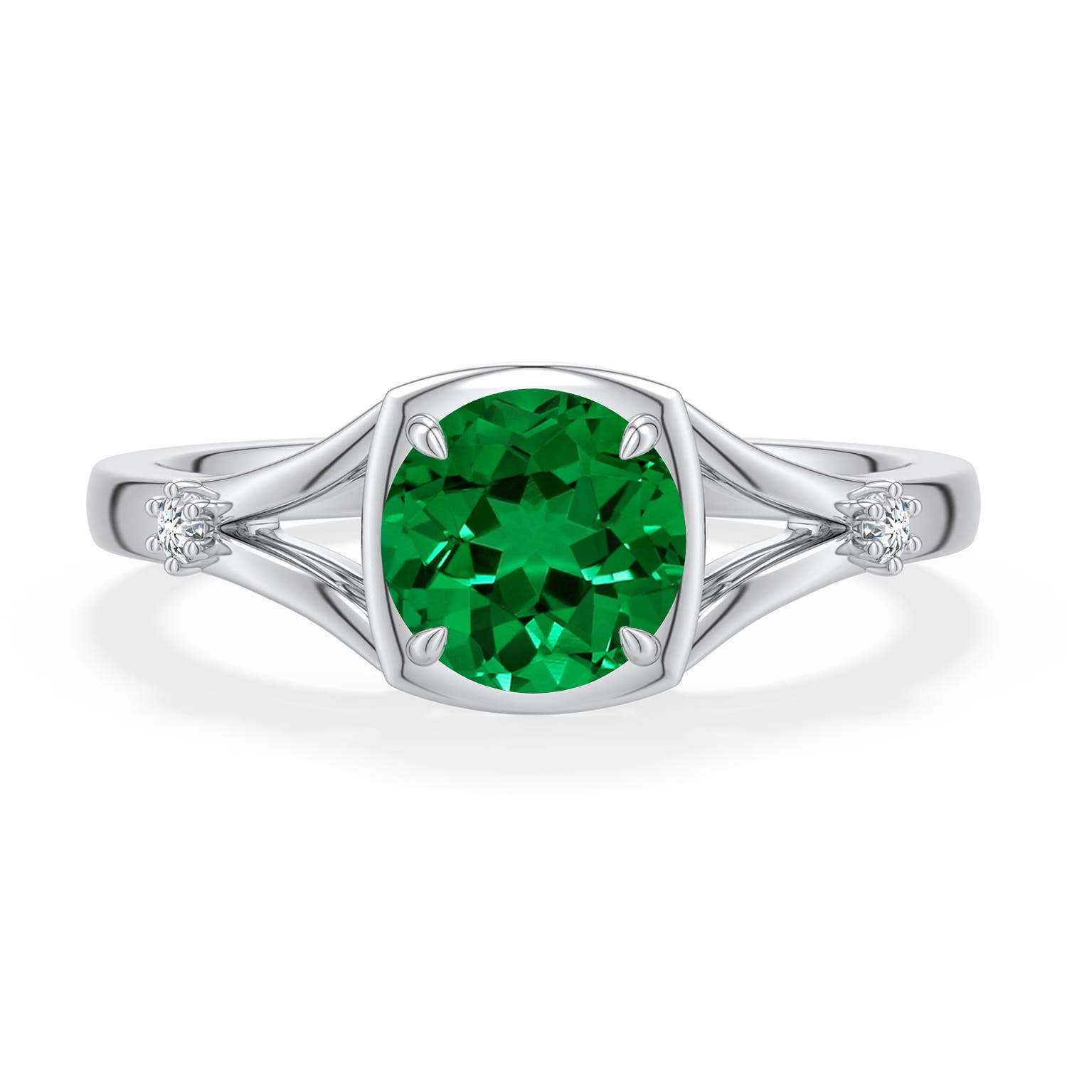 6.5mm Labgrown Round Lab-Grown Emerald Split Shank Engagement Ring in White Gold - main