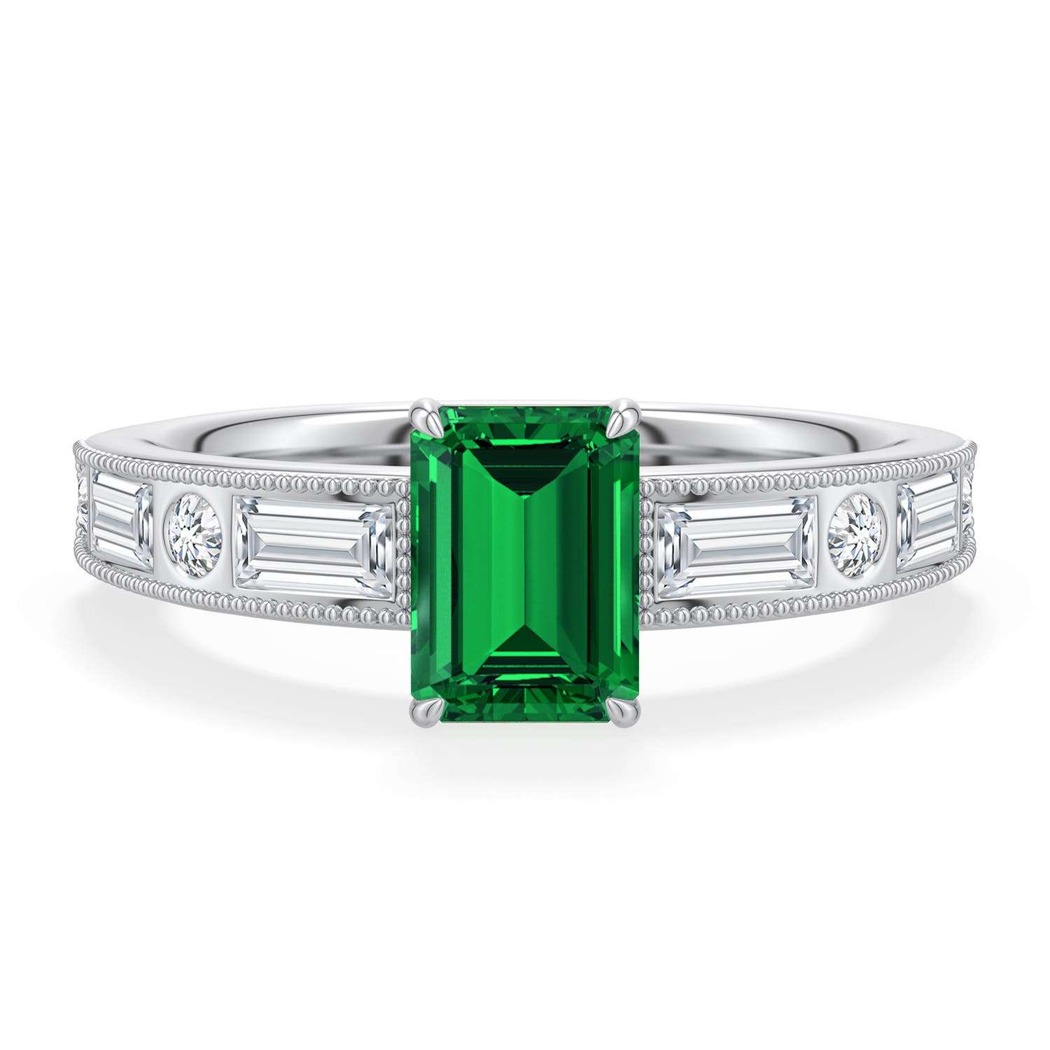 7x5mm Labgrown Emerald-Cut Lab-Grown Emerald Engagement Ring with Multi-Shape Accents in 18K White Gold - main