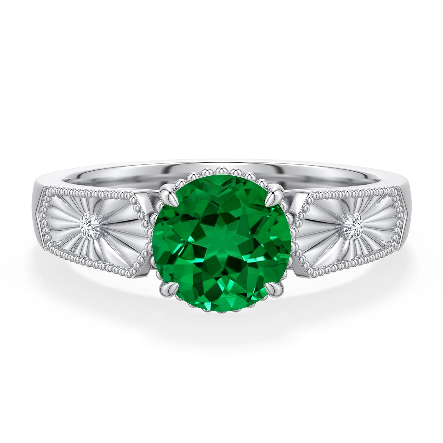 7mm Labgrown Round Lab-Grown Emerald Quatrefoil Hidden Halo Engagement Ring in White Gold - main