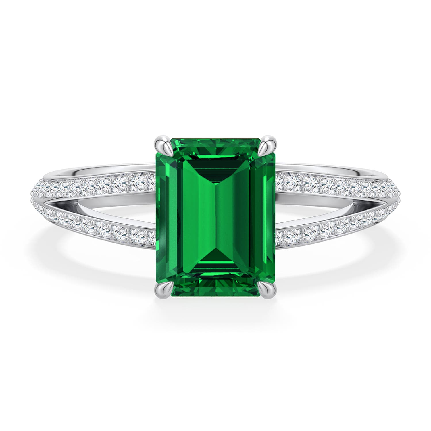 8x6mm Labgrown Emerald-Cut Lab-Grown Emerald Engagement Ring with Pav� Accents in 18K White Gold - main