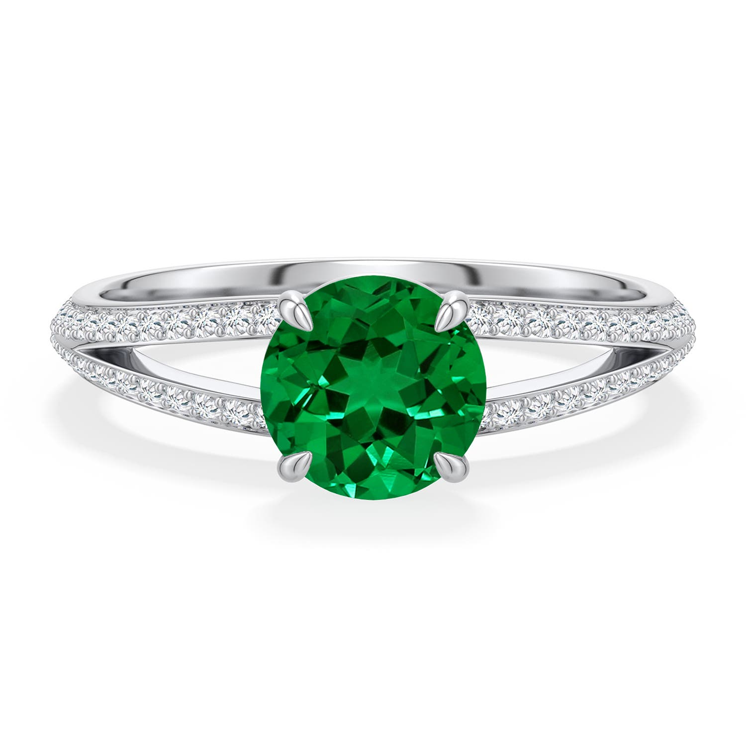 6.5mm Labgrown Round Lab-Grown Emerald Engagement Ring with Pav� Accents in White Gold - main