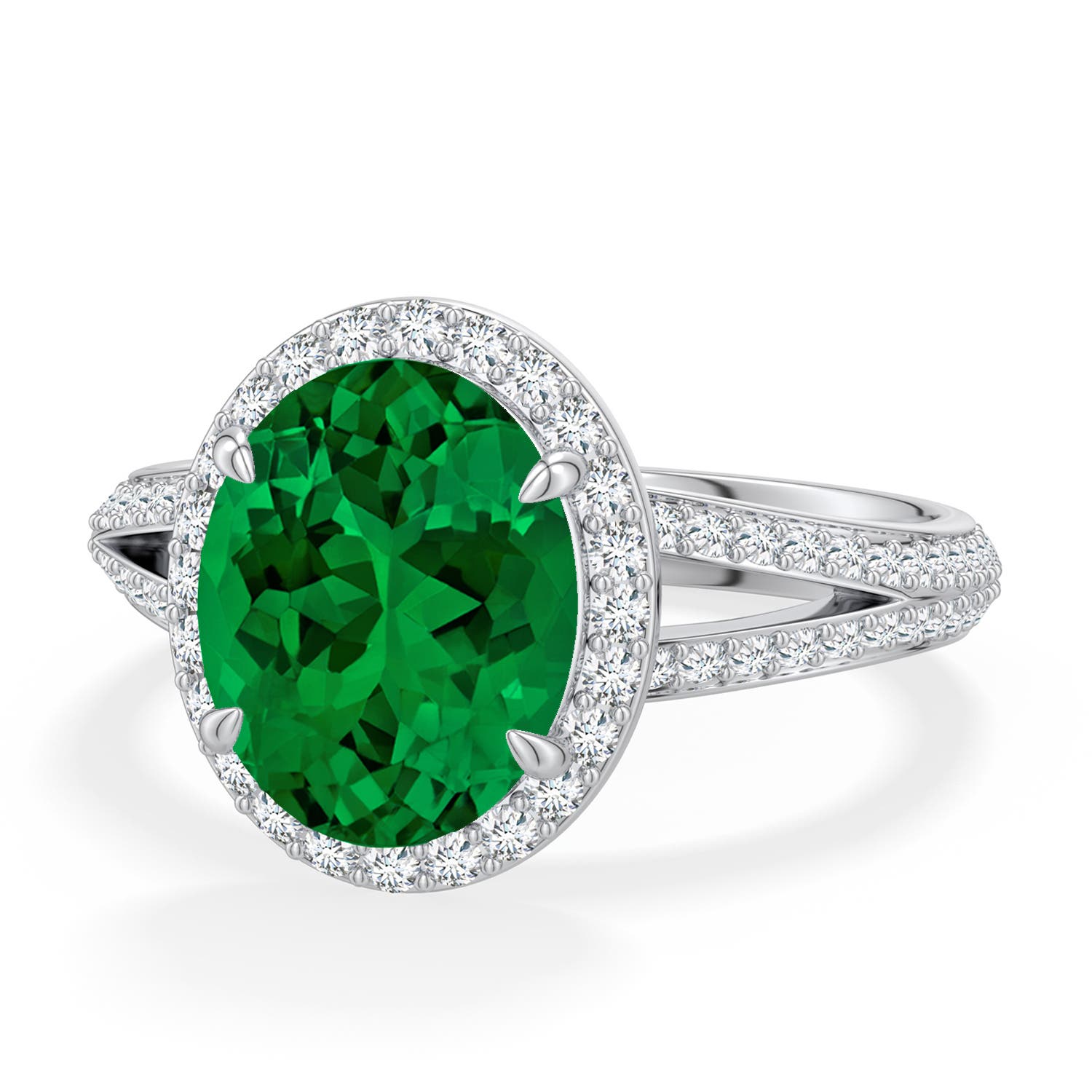 10x8mm Labgrown Oval Lab-Grown Emerald Halo Engagement Ring with Accents in White Gold - main