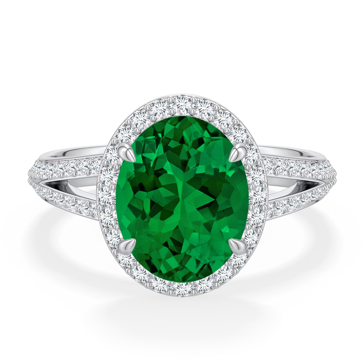 10x8mm Labgrown Oval Lab-Grown Emerald Halo Engagement Ring with Accents in White Gold - side 1