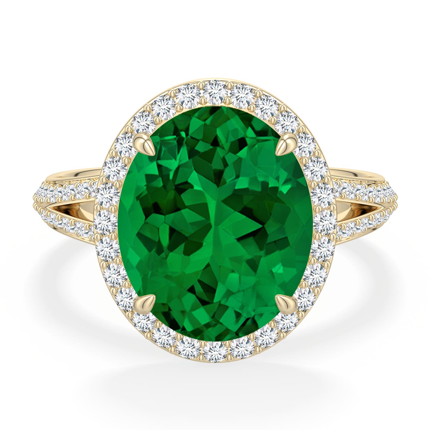 12x10mm Labgrown Oval Lab-Grown Emerald Halo Engagement Ring with Accents in Yellow Gold - side 1 - side 3