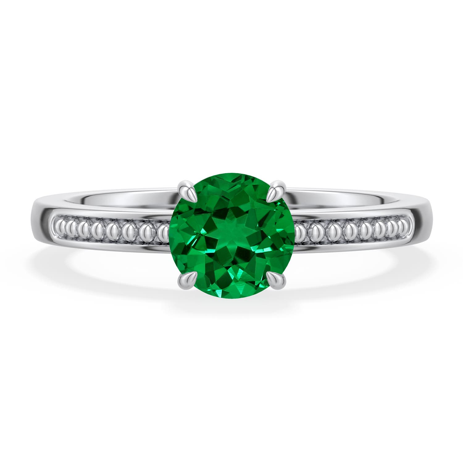 6mm Labgrown Round Lab-Grown Emerald Milgrain Shank Engagement Ring in White Gold - main