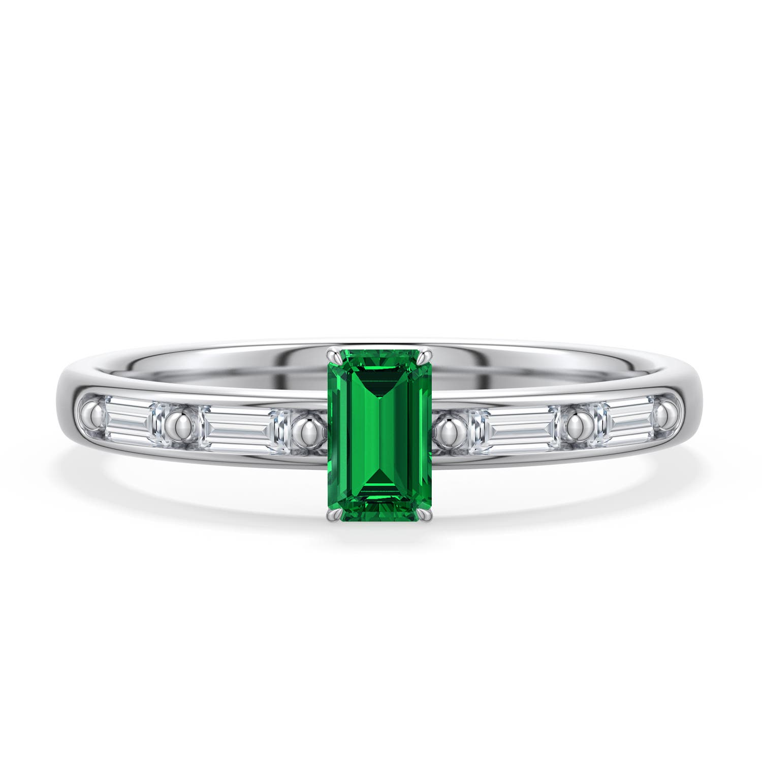5x3mm Labgrown Emerald-Cut Lab-Grown Emerald Engagement Ring with Baguette Accents in 18K White Gold - main