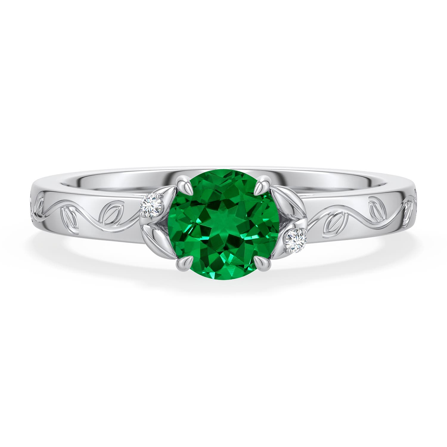 5.5mm Labgrown Round Lab-Grown Emerald Leaf Vine Engagement Ring in White Gold - main