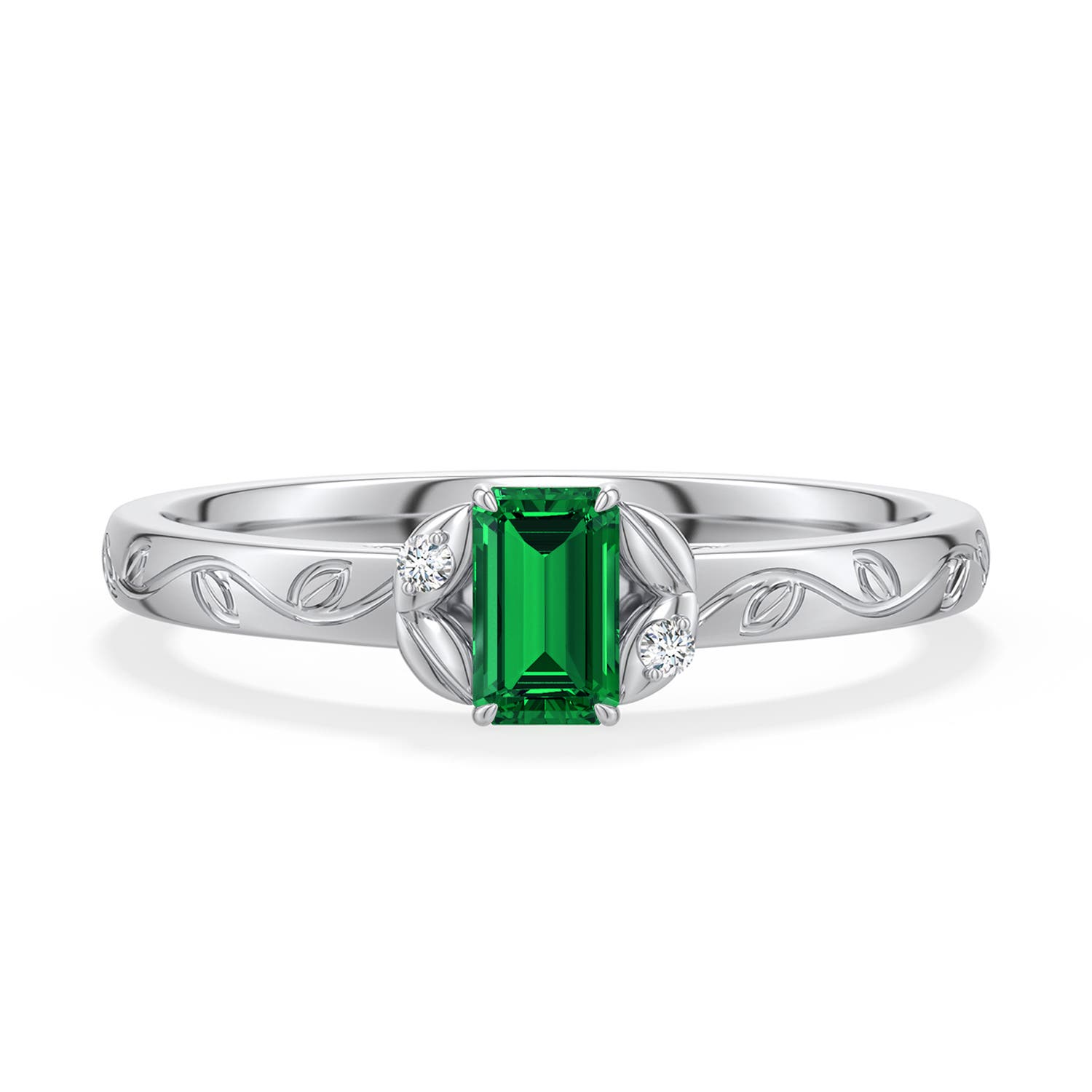 5x3mm Labgrown Emerald-Cut Lab-Grown Emerald Leaf Vine Engagement Ring in 18K White Gold - main