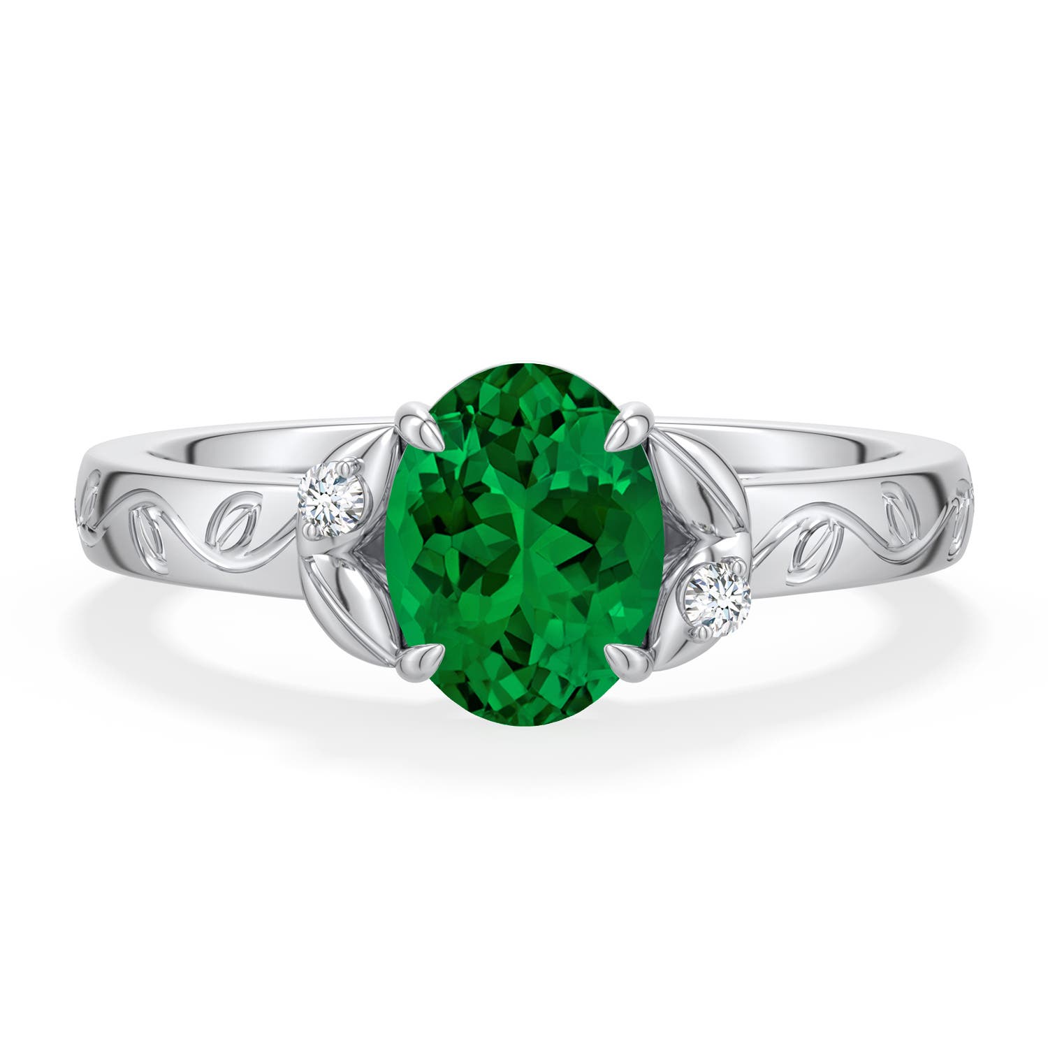 8x6mm Labgrown Oval Lab-Grown Emerald Leaf Vine Engagement Ring in White Gold - main