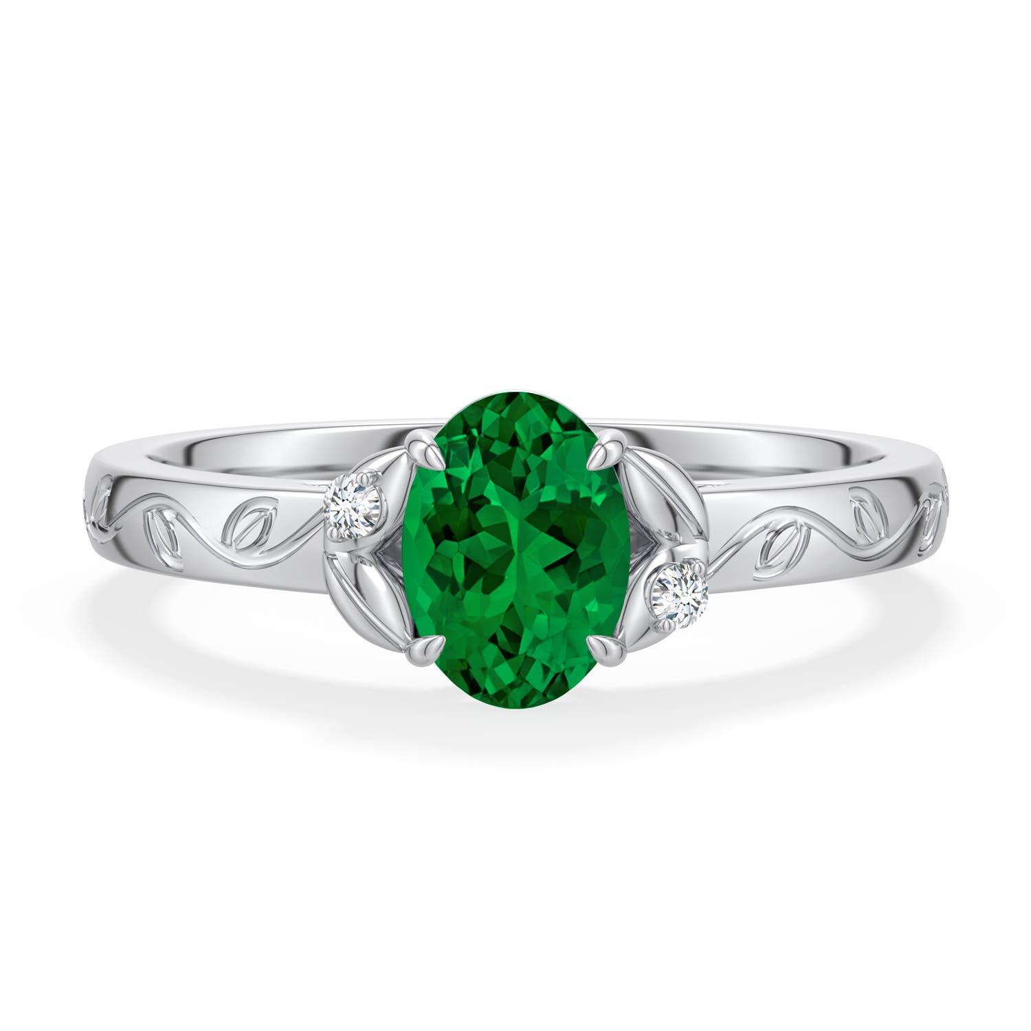 7x5mm Labgrown Oval Lab-Grown Emerald Leaf Vine Engagement Ring in 18K White Gold - main