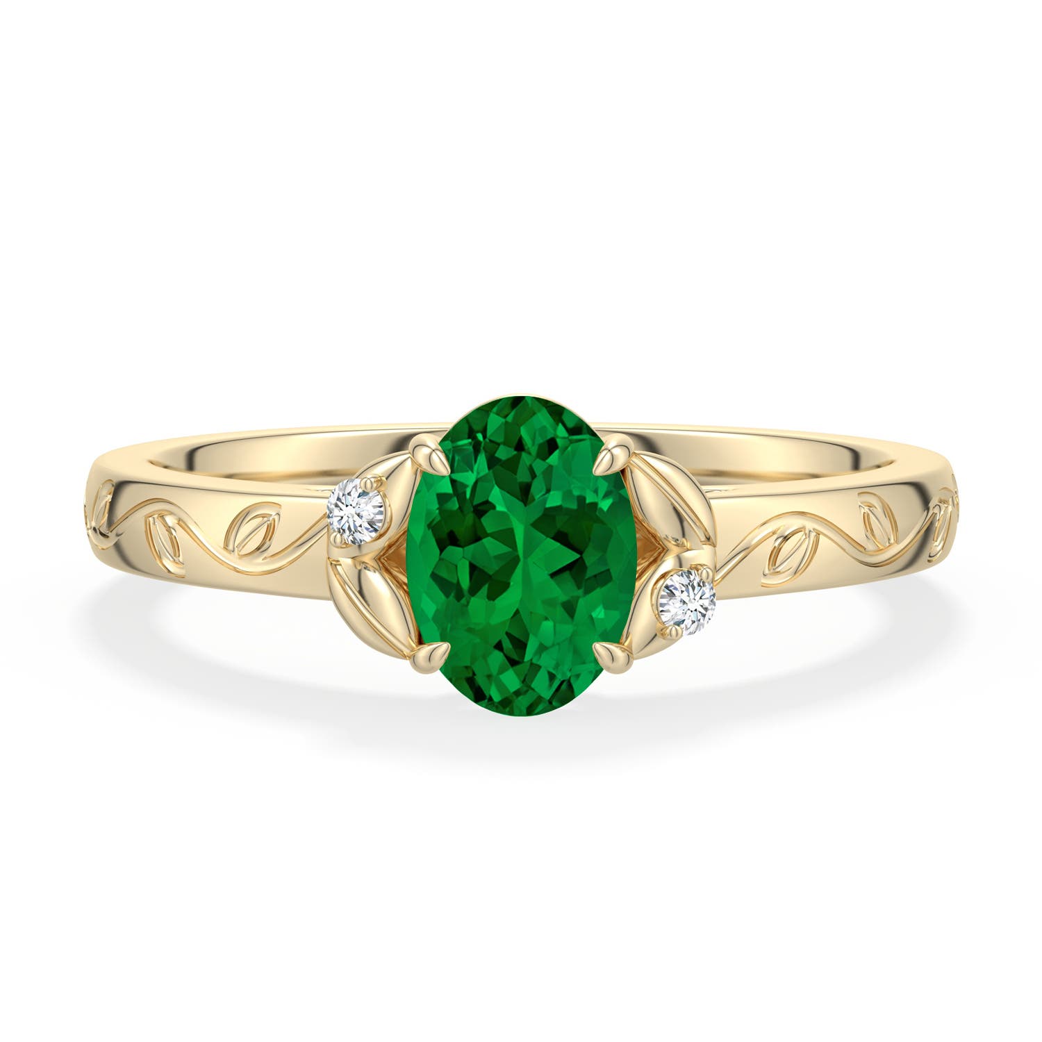 7x5mm Labgrown Oval Lab-Grown Emerald Leaf Vine Engagement Ring in Yellow Gold - main