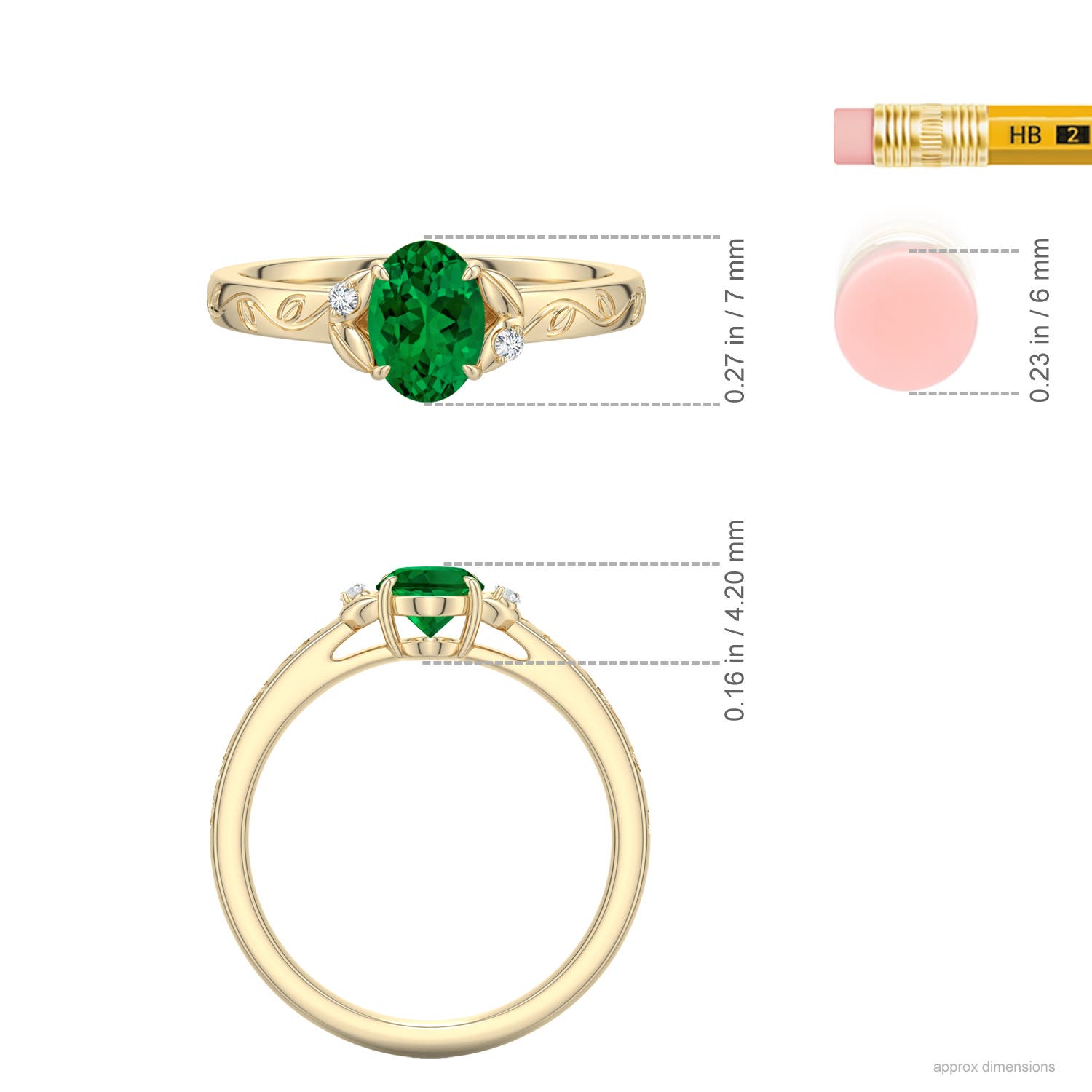 7x5mm Labgrown Oval Lab-Grown Emerald Leaf Vine Engagement Ring in Yellow Gold - ruler - ruler