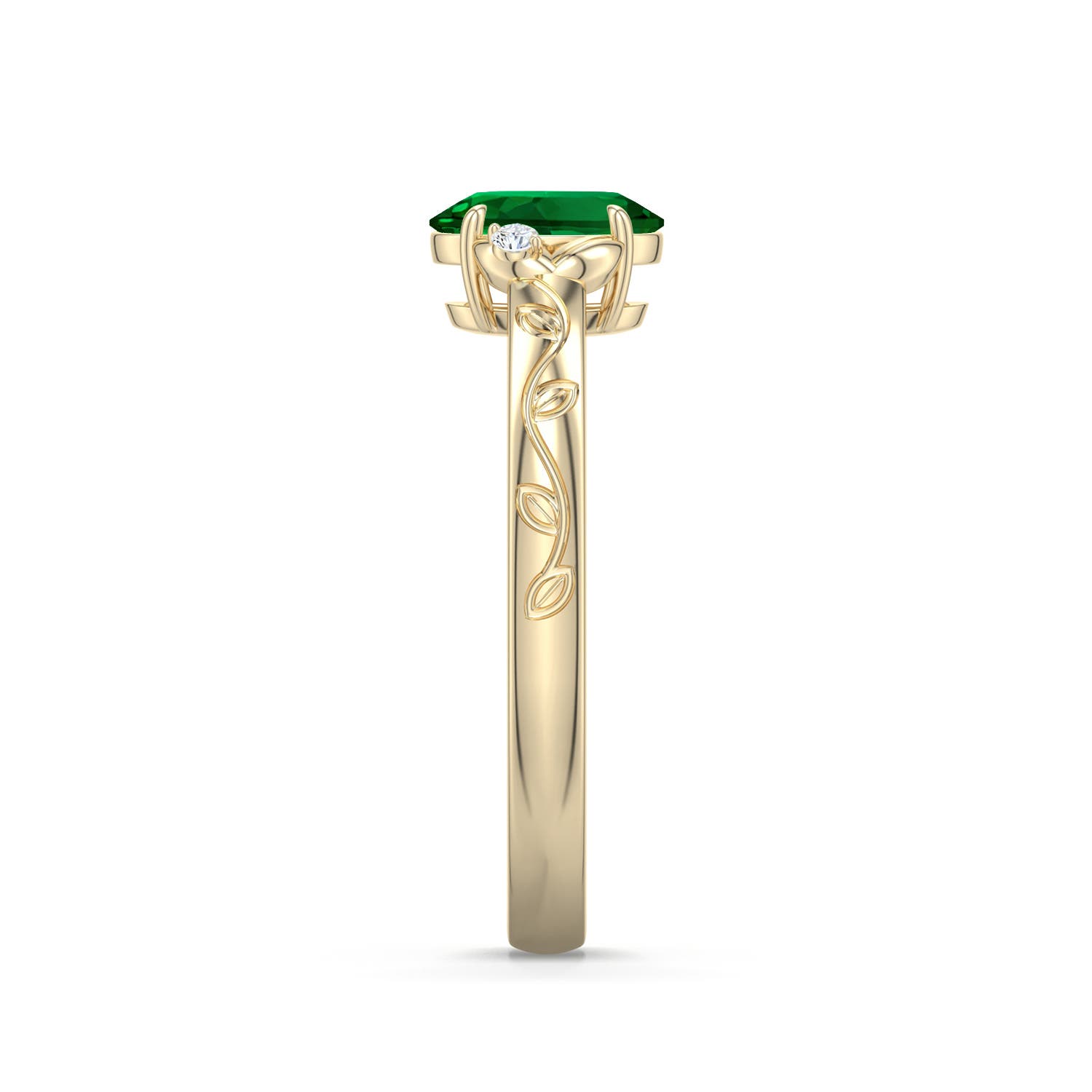 7x5mm Labgrown Oval Lab-Grown Emerald Leaf Vine Engagement Ring in Yellow Gold - side 2 - side 4