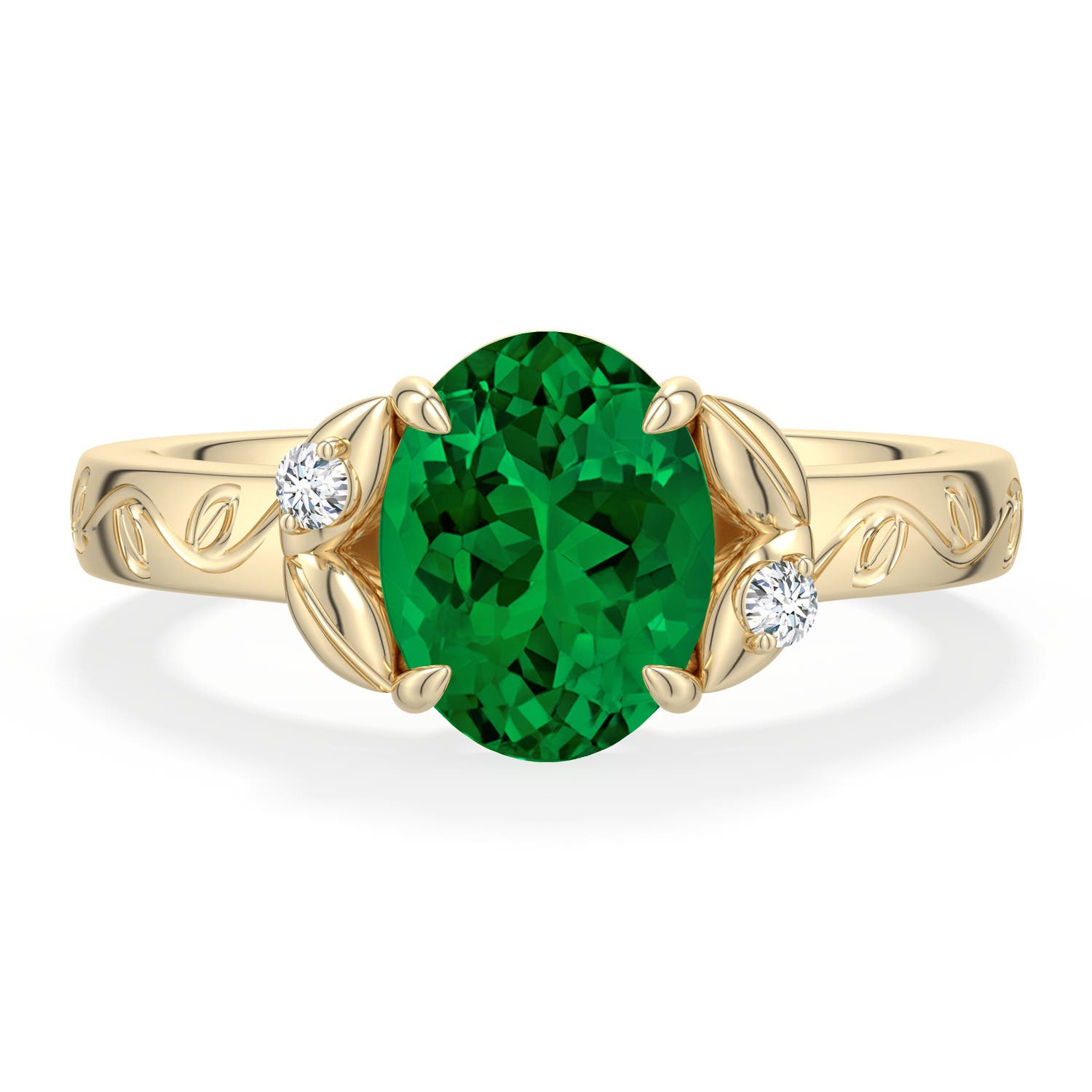 9x7mm Labgrown Oval Lab-Grown Emerald Leaf Vine Engagement Ring in 18K Yellow Gold - main