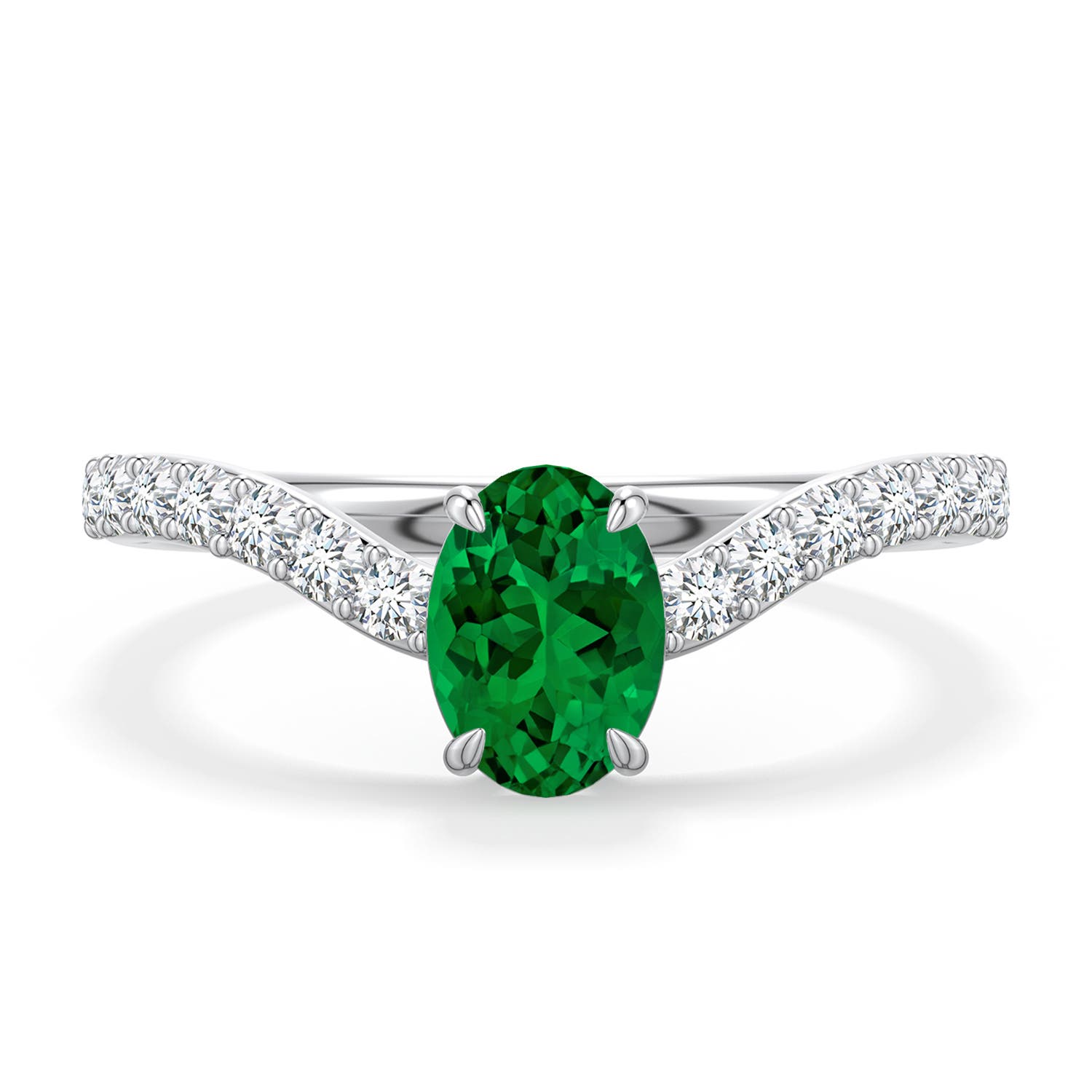 7x5mm Labgrown Oval Lab-Grown Emerald Curved Engagement Ring with Accents in White Gold - main