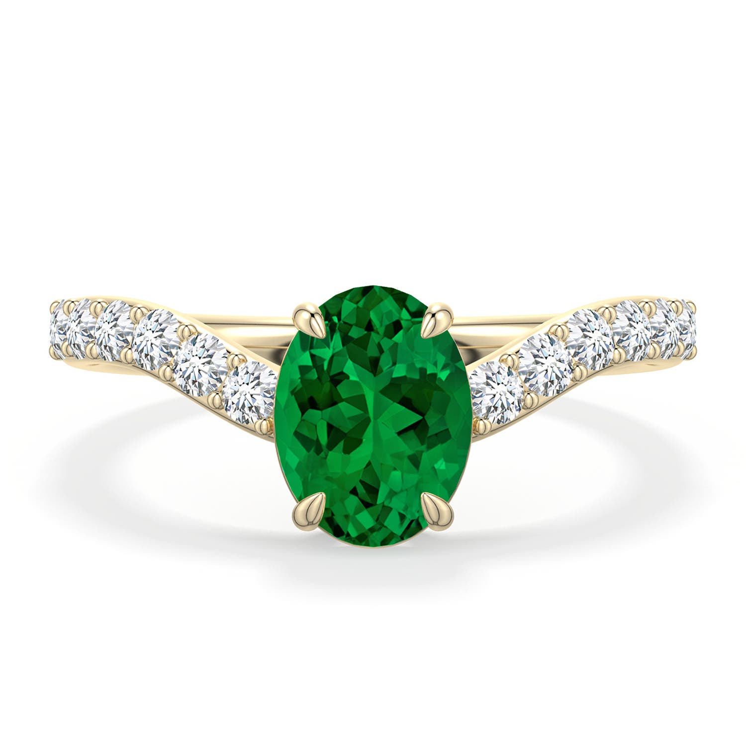 8x6mm Labgrown Oval Lab-Grown Emerald Curved Engagement Ring with Accents in 18K Yellow Gold - main