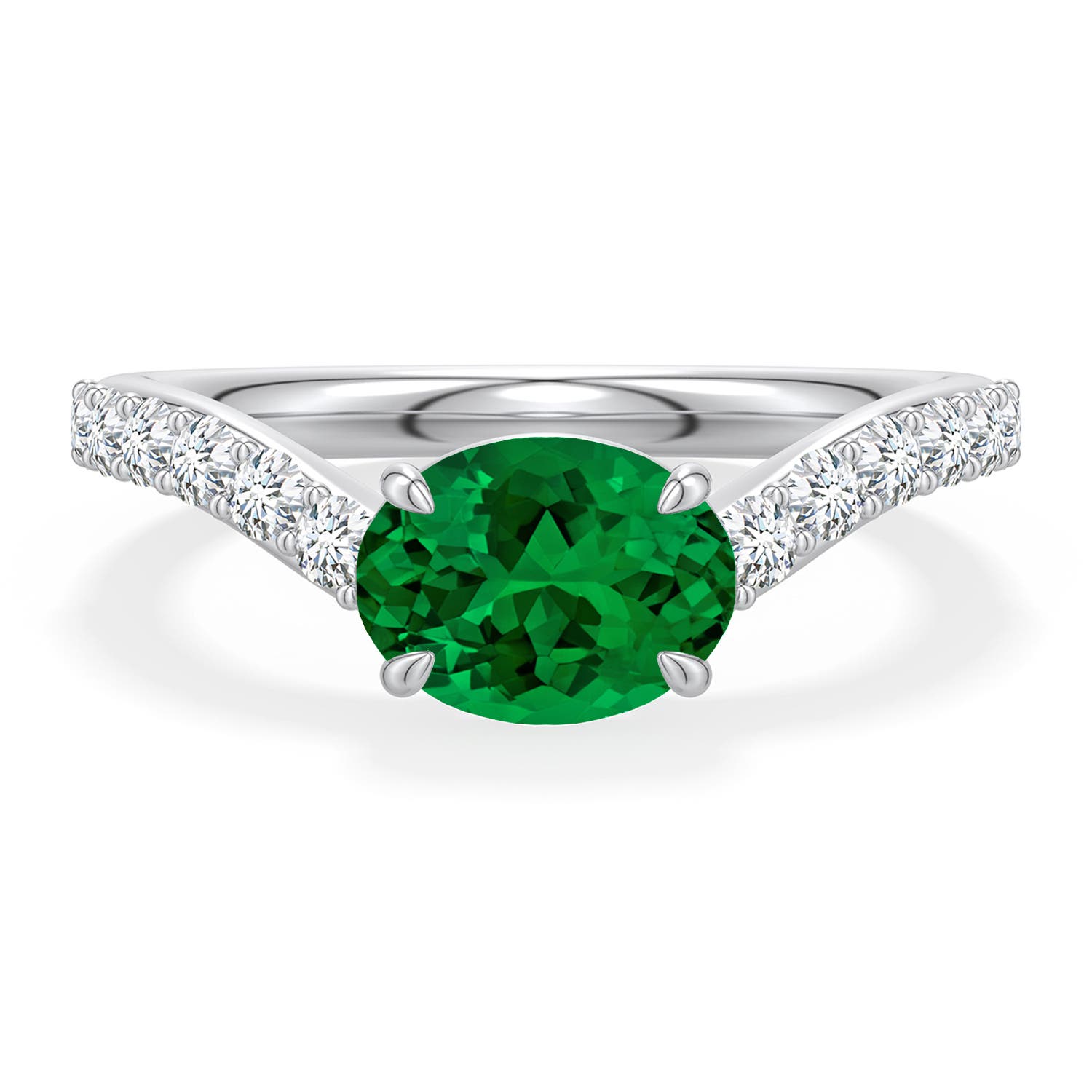 8x6mm Labgrown East-West Oval Lab-Grown Emerald Curved Engagement Ring with Accents in White Gold - main