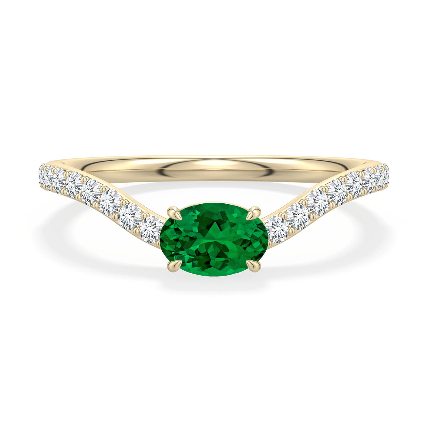 6x4mm Labgrown East-West Oval Lab-Grown Emerald Curved Engagement Ring with Accents in 18K Yellow Gold - main