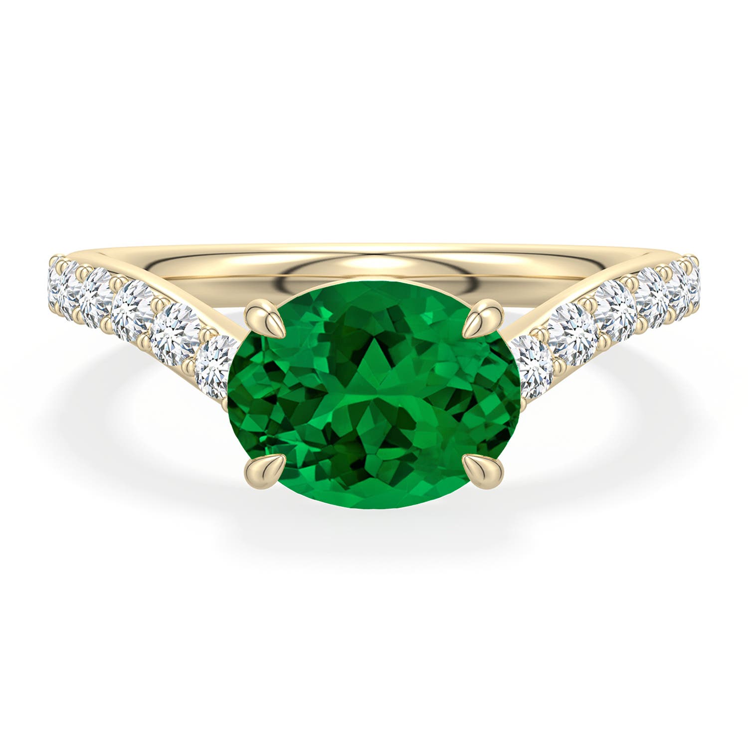9x7mm Labgrown East-West Oval Lab-Grown Emerald Curved Engagement Ring with Accents in 18K Yellow Gold - main