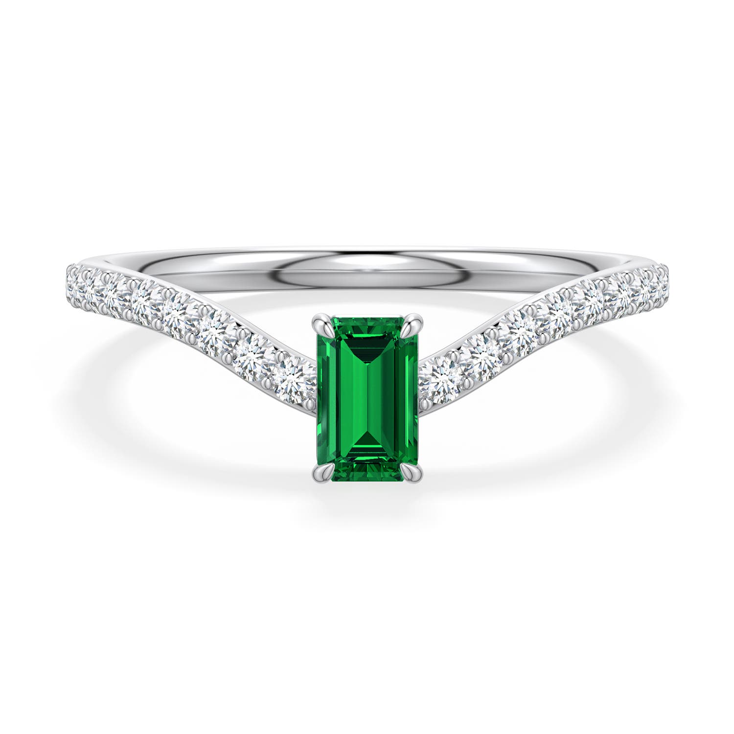 5x3mm Labgrown Emerald-Cut Lab-Grown Emerald Curved Engagement Ring with Accents in 18K White Gold - main