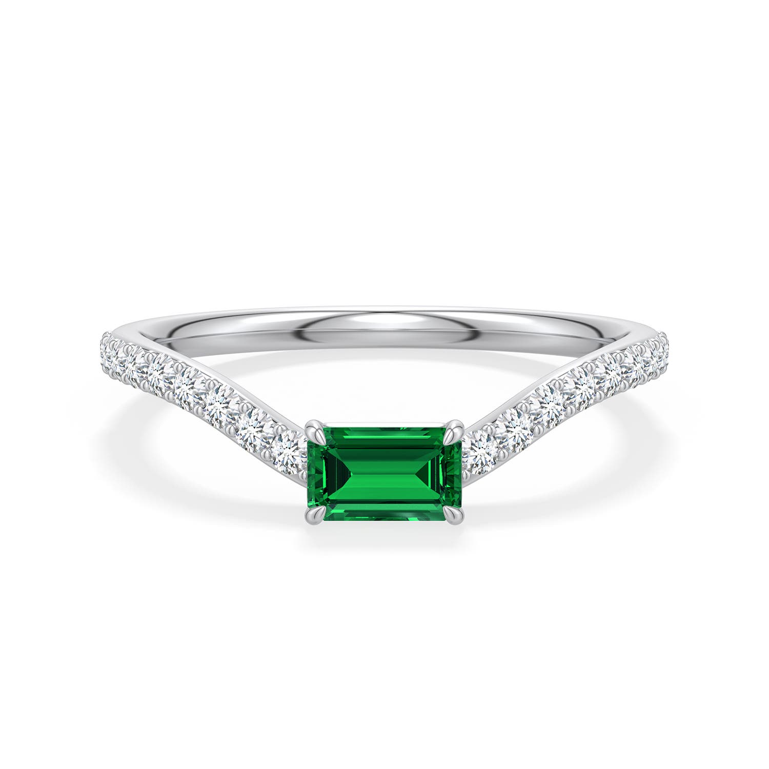 5x3mm Labgrown East-West Emerald-Cut Lab-Grown Emerald Curved Engagement Ring with Accents in 18K White Gold - main