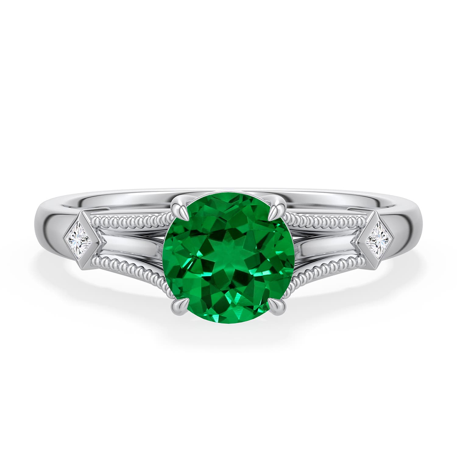 6.5mm Labgrown Round Lab-Grown Emerald Cathedral Engagement Ring with Accents in White Gold - main