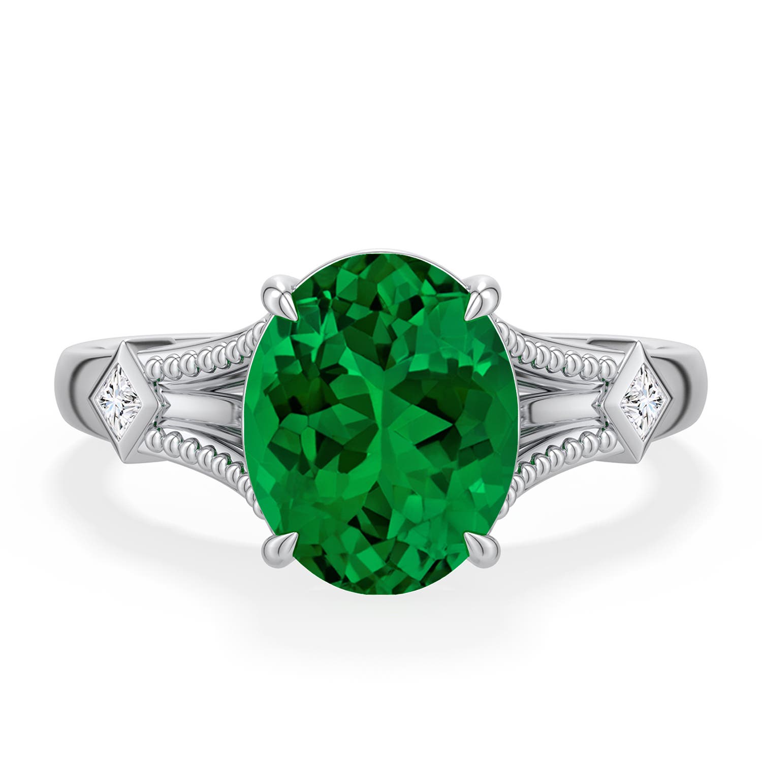 10x8mm Labgrown Oval Lab-Grown Emerald Cathedral Engagement Ring with Accents in White Gold - main
