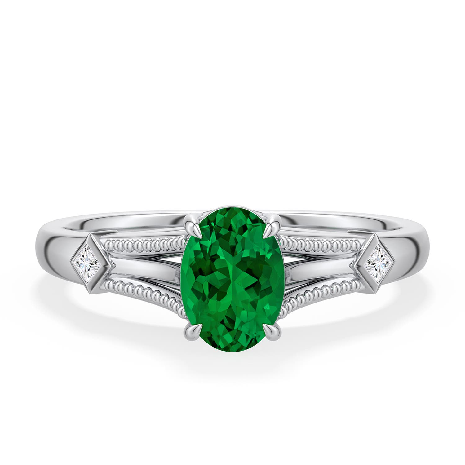 7x5mm Labgrown Oval Lab-Grown Emerald Cathedral Engagement Ring with Accents in 18K White Gold - main