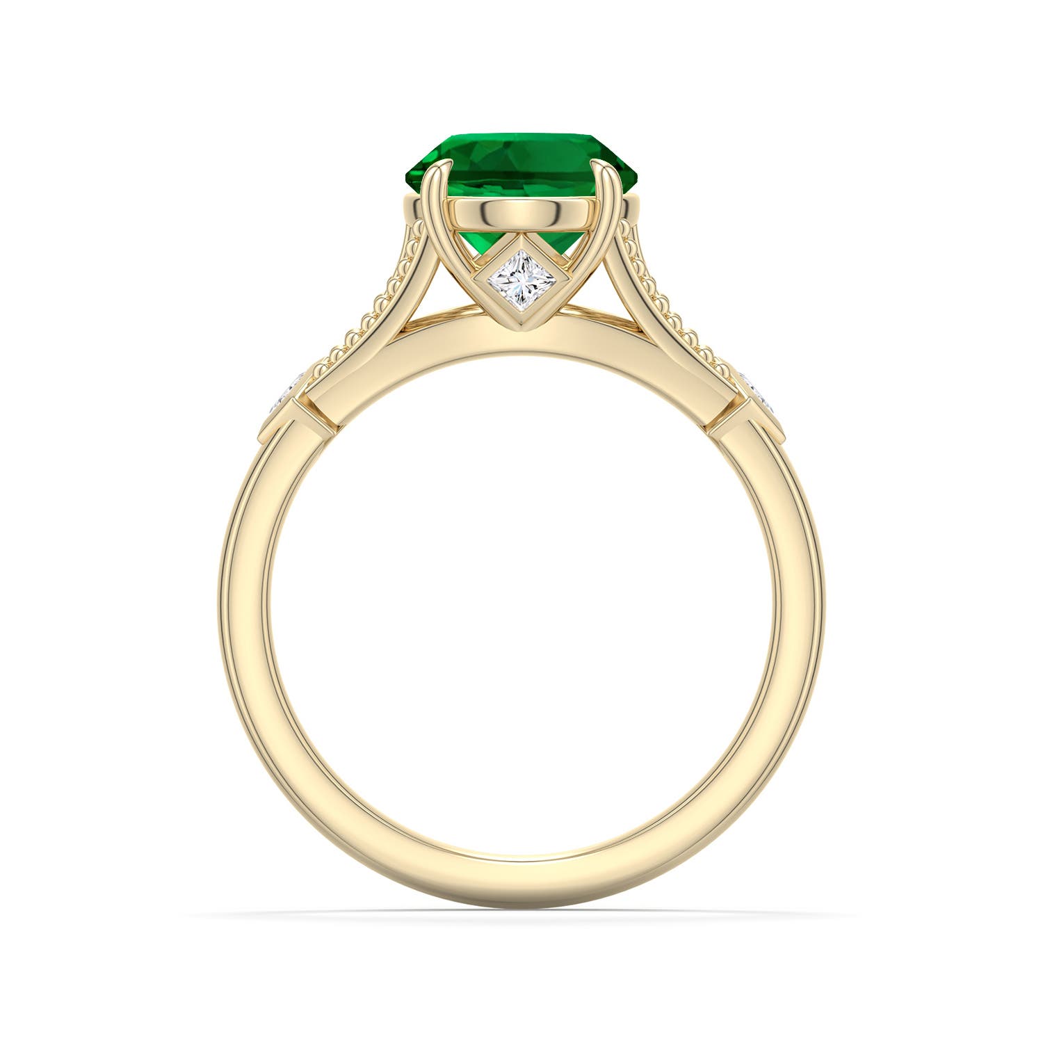 10x8mm Labgrown Oval Lab-Grown Emerald Cathedral Engagement Ring with Accents in Yellow Gold - side 1 - side 3