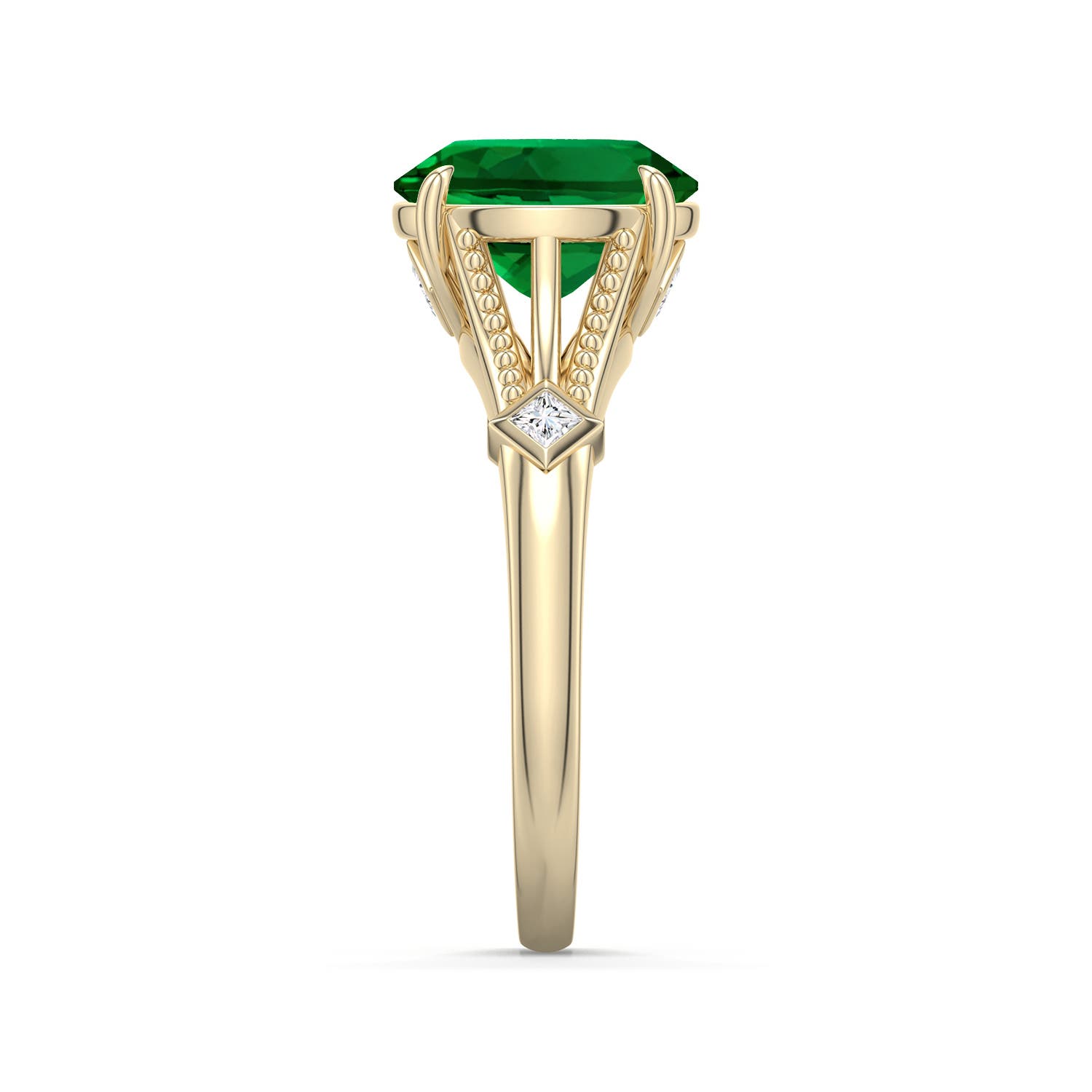 10x8mm Labgrown Oval Lab-Grown Emerald Cathedral Engagement Ring with Accents in Yellow Gold - side 2 - side 4