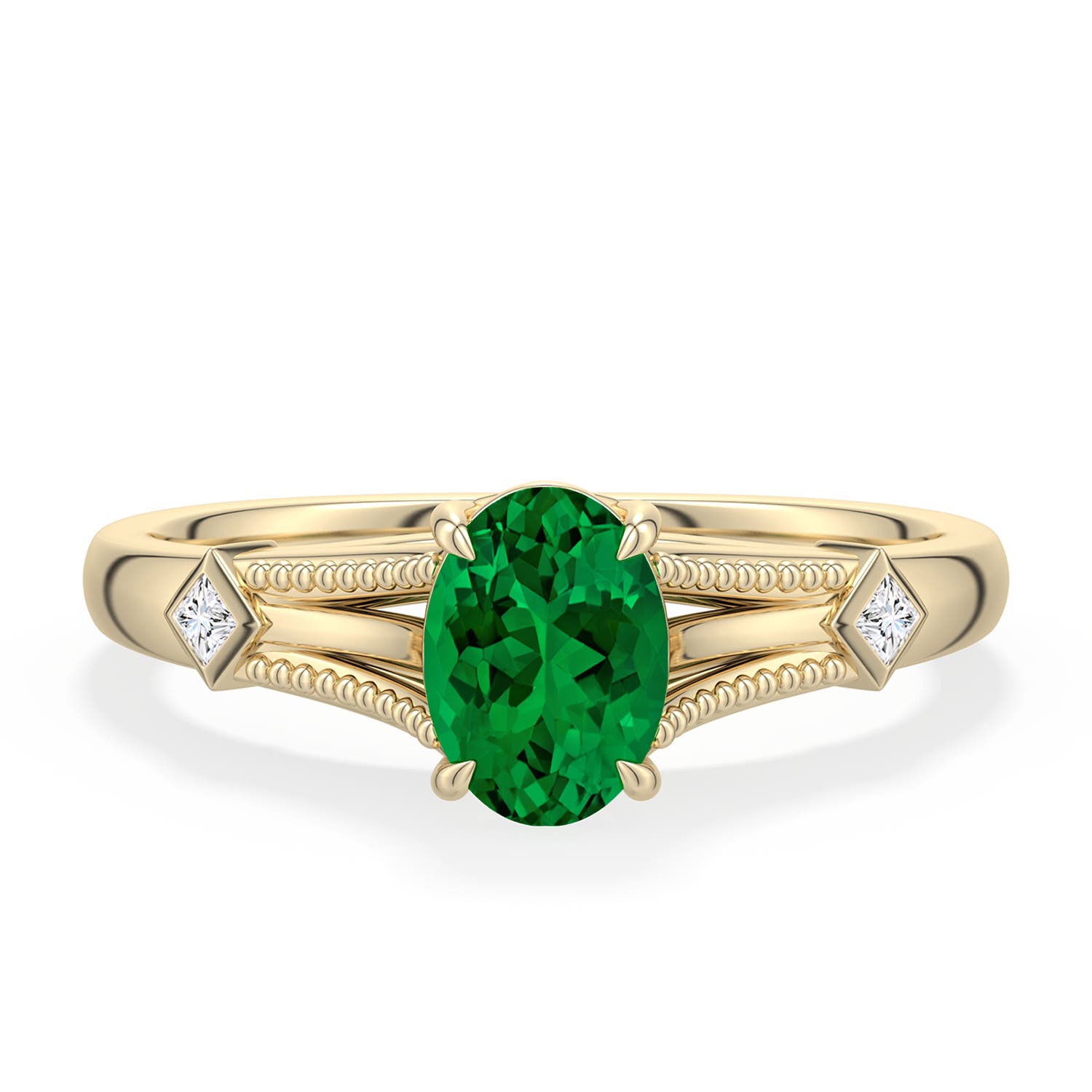 7x5mm Labgrown Oval Lab-Grown Emerald Cathedral Engagement Ring with Accents in 18K Yellow Gold - main