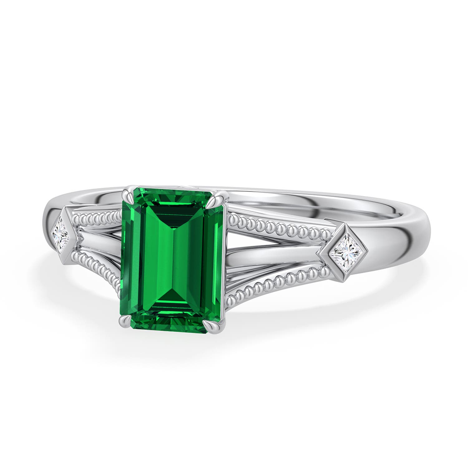 7x5mm Labgrown Emerald-Cut Lab-Grown Emerald Cathedral Engagement Ring with Accents in 18K White Gold - main
