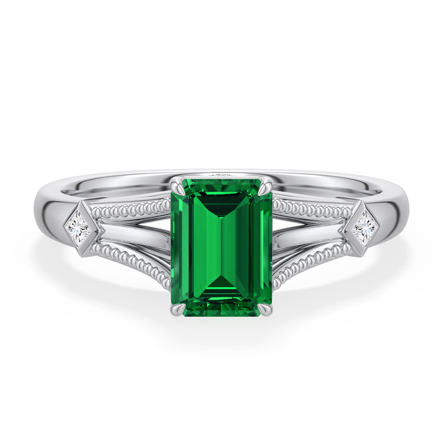 7x5mm Labgrown Emerald-Cut Lab-Grown Emerald Cathedral Engagement Ring with Accents in 18K White Gold - side 1