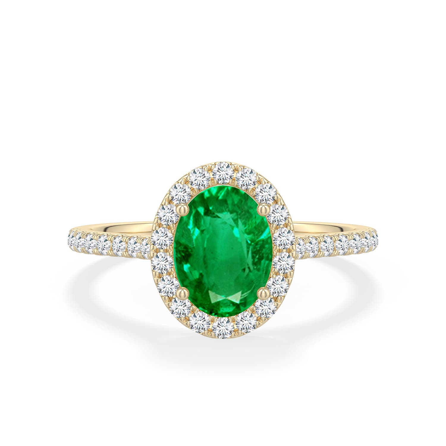 Prong-Set Oval Emerald Halo Engagement Ring with Diamond Accents