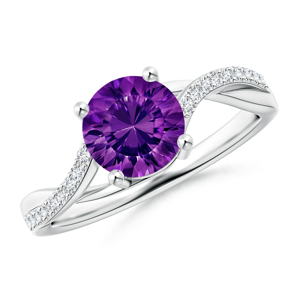 7mm AAAA Round Amethyst Twisted Diamond Shank Ring in White Gold