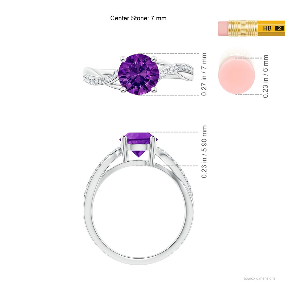 7mm AAAA Round Amethyst Twisted Diamond Shank Ring in White Gold ruler