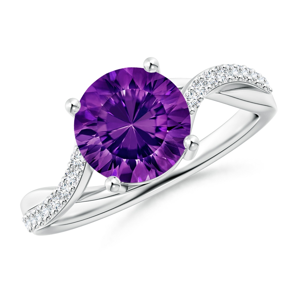 8mm AAAA Round Amethyst Twisted Diamond Shank Ring in 10K White Gold