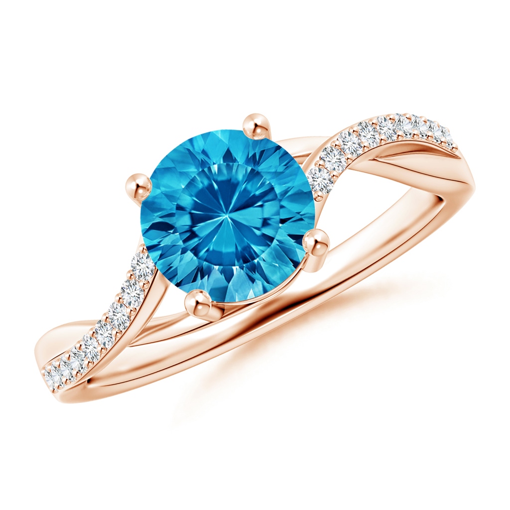 7mm AAAA Round Swiss Blue Topaz Twisted Diamond Shank Ring in Rose Gold
