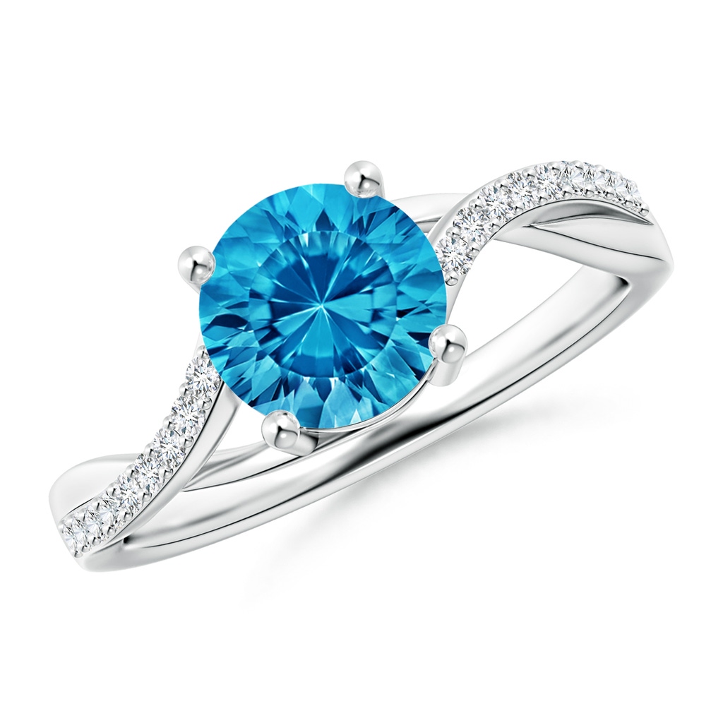 7mm AAAA Round Swiss Blue Topaz Twisted Diamond Shank Ring in White Gold