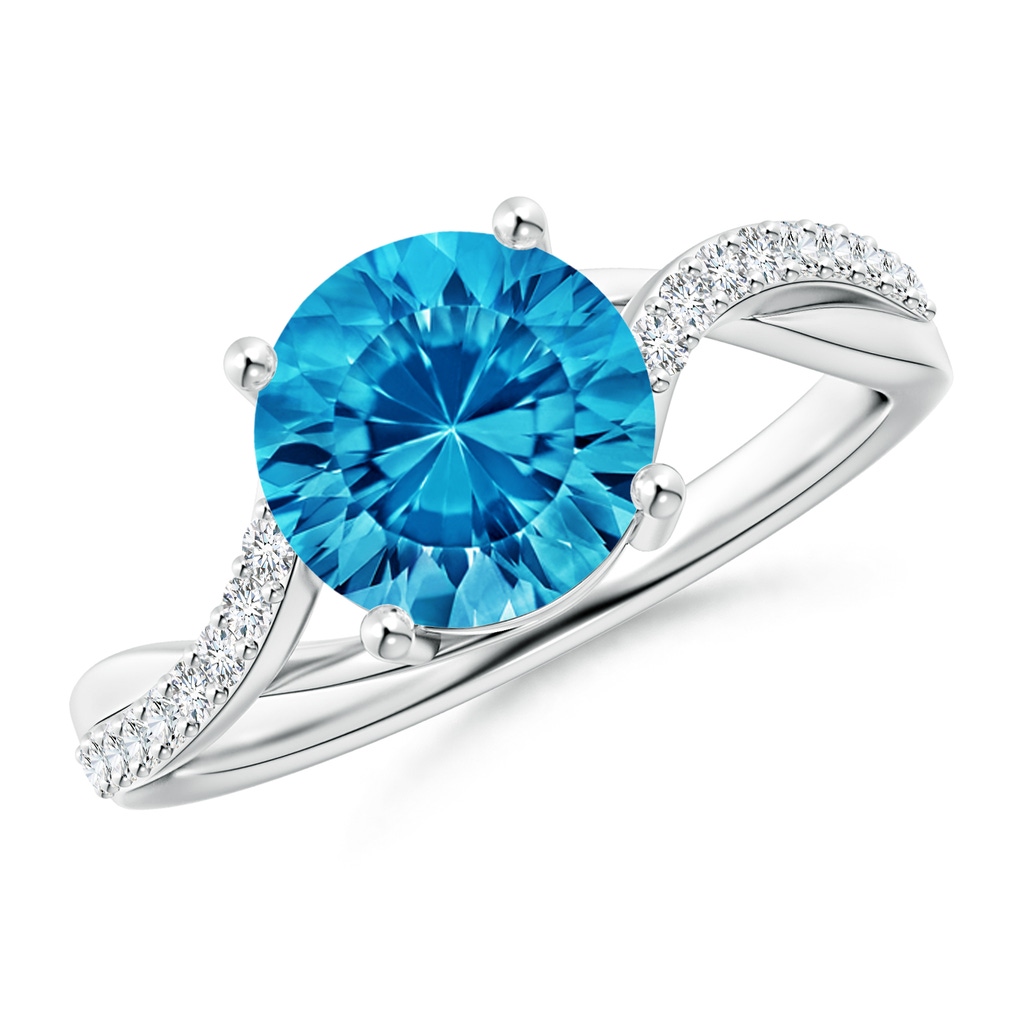 8mm AAAA Round Swiss Blue Topaz Twisted Diamond Shank Ring in White Gold