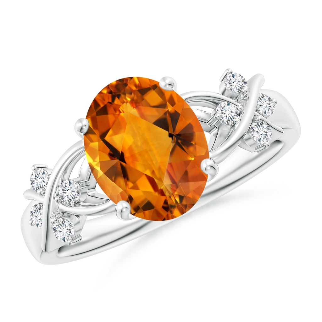 10x8mm AAAA Oval Citrine Criss Cross Ring with Diamonds in White Gold