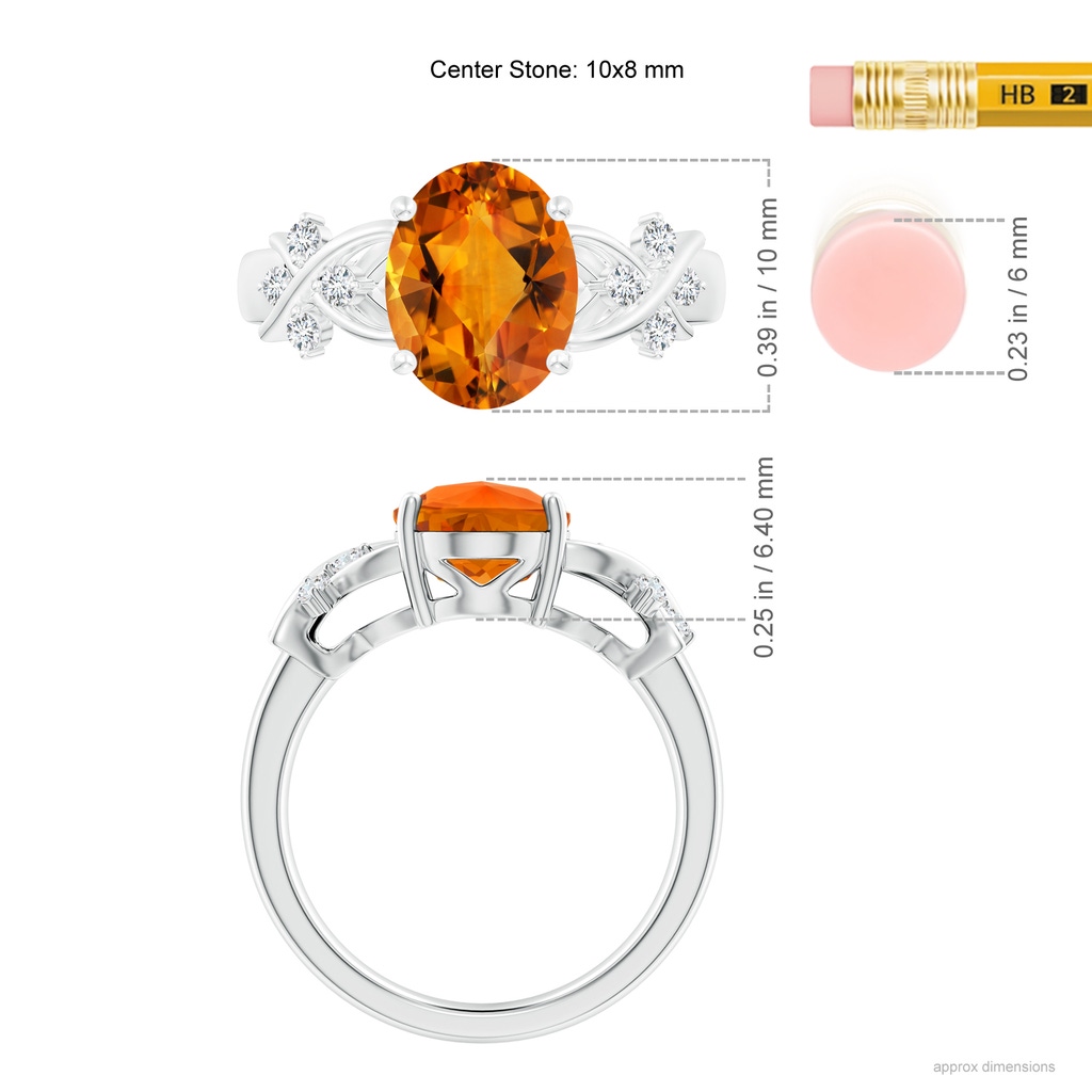 10x8mm AAAA Oval Citrine Criss Cross Ring with Diamonds in White Gold Ruler