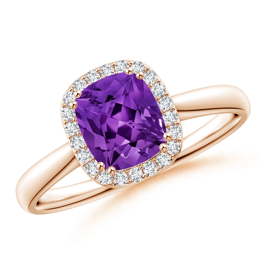 7x6mm AAAA Lozenge-Shaped Amethyst Cocktail Ring with Diamond Halo in Rose Gold