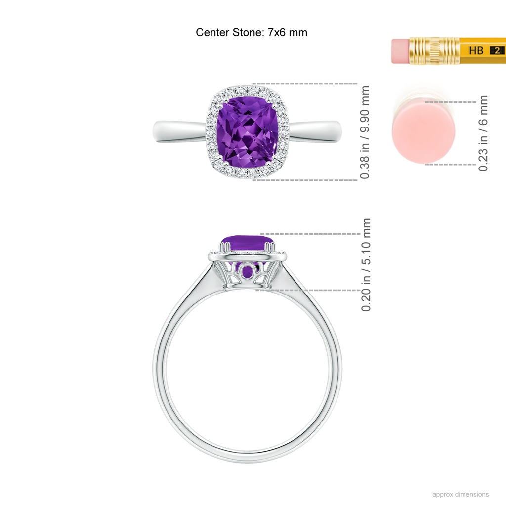 7x6mm AAAA Lozenge-Shaped Amethyst Cocktail Ring with Diamond Halo in White Gold Ruler
